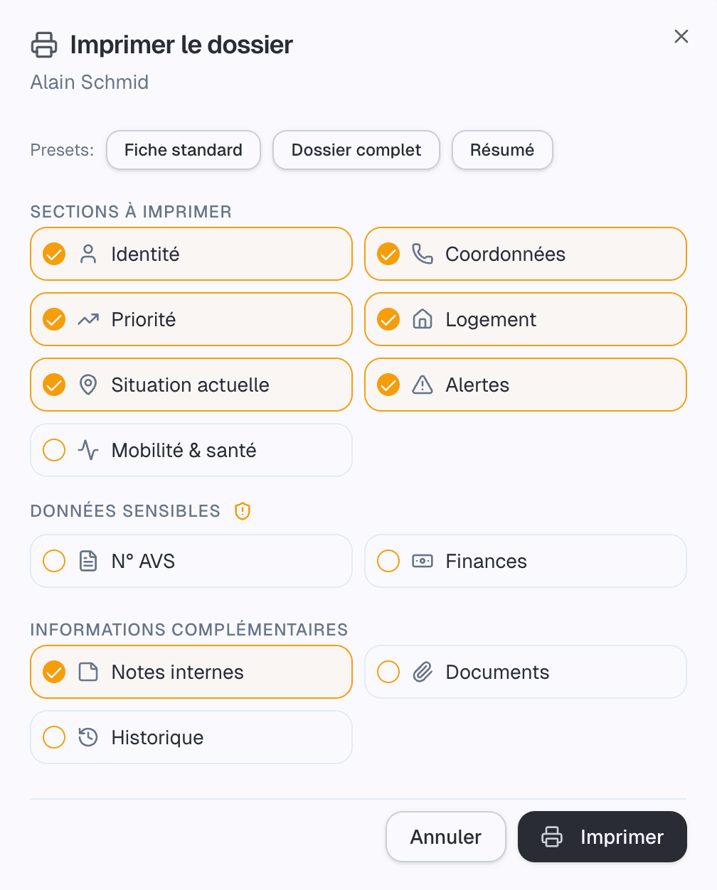 Choix des sections d'une fiche candidat à imprimer