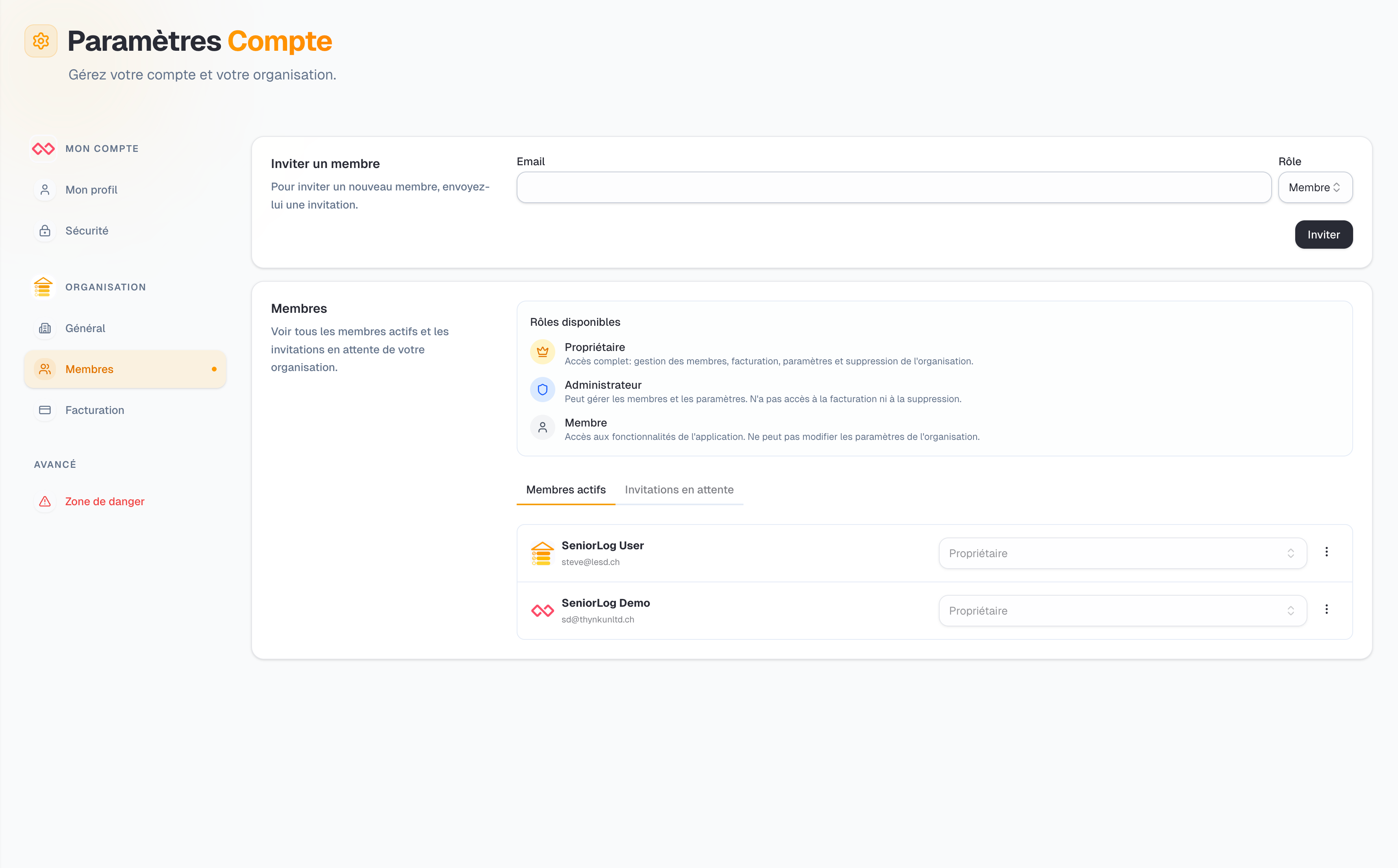 Interface des paramètres organisation SeniorLog
