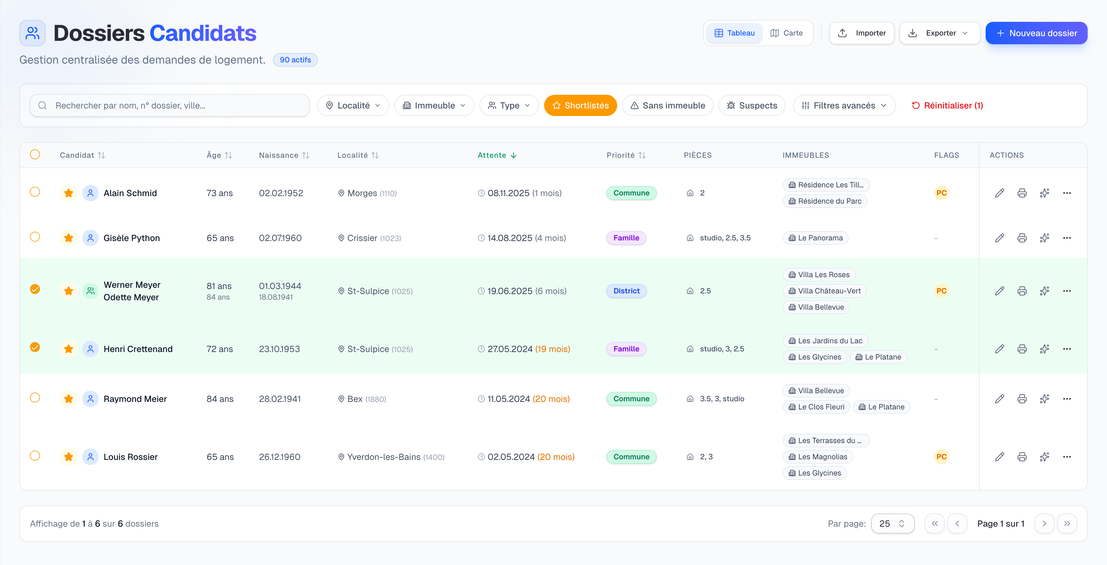 Interface de gestion des candidats SeniorLog